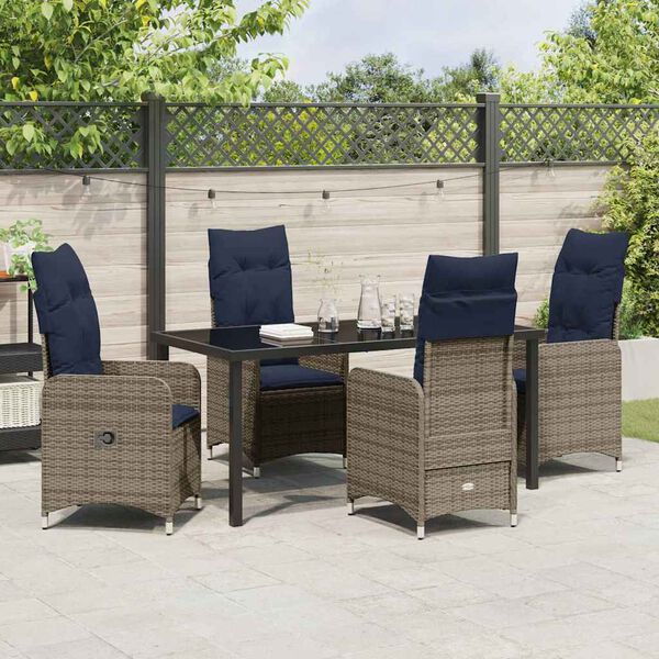vidaXL Tafel en stoelen set met kussen 5 pcs Grijs PE Rattan