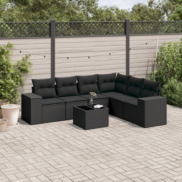 vidaXL 7-delige Loungeset met kussens poly rattan zwart