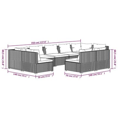 vidaXL 9-delige Loungeset met kussens poly rattan grijs