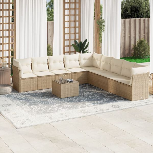 vidaXL 10-delige Loungeset met kussens poly rattan beige
