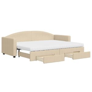 vidaXL Slaapbank met onderschuifbed en lades 80x200 cm stof cr&egrave;mekleur