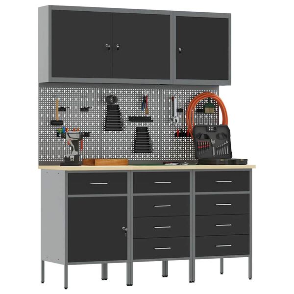 vidaXL Werk kast met lade 8 pcs Zwart Engineered hout en staal