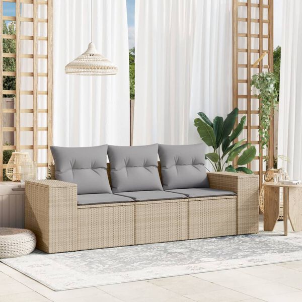 vidaXL 3-delige Loungeset met kussens poly rattan beige