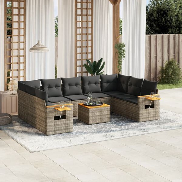 vidaXL 10-delige Loungeset met kussens poly rattan grijs