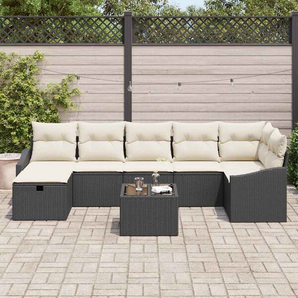 vidaXL Bankstel met kussen met opslag 8 pcs Zwart poly rattan