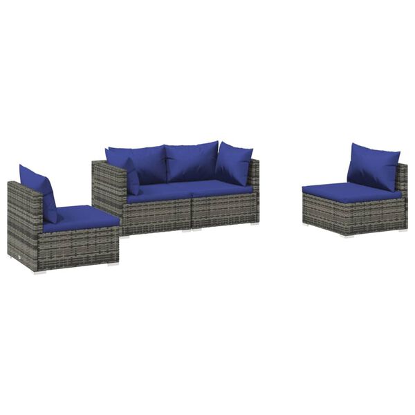 vidaXL 4-delige Loungeset met kussens poly rattan grijs