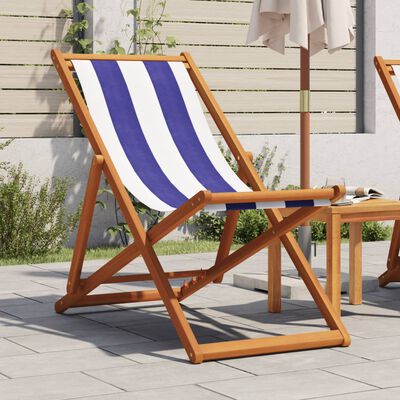 vidaXL Strandstoel inklapbaar eucalyptushout en stof blauw en wit