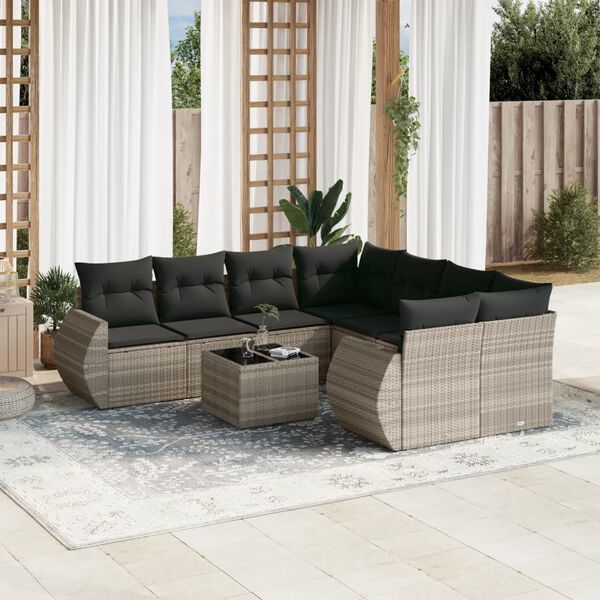 vidaXL 9-delige Loungeset met kussens poly rattan lichtgrijs