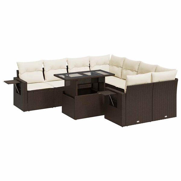 vidaXL 9-delige Loungeset met kussens poly rattan bruin