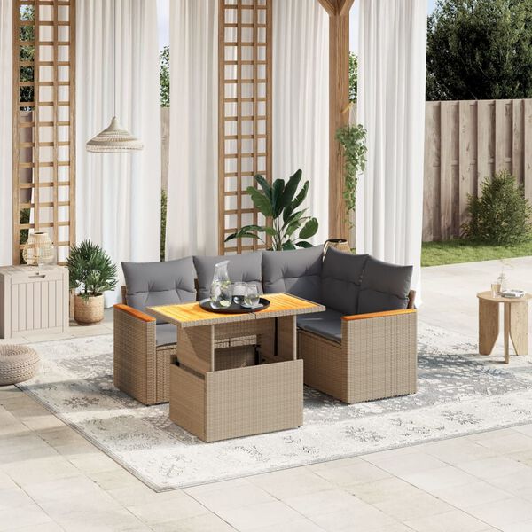 vidaXL 5-delige Loungeset met kussens poly rattan beige