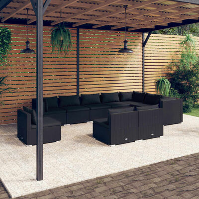 vidaXL 10-delige Loungeset met kussens poly rattan zwart