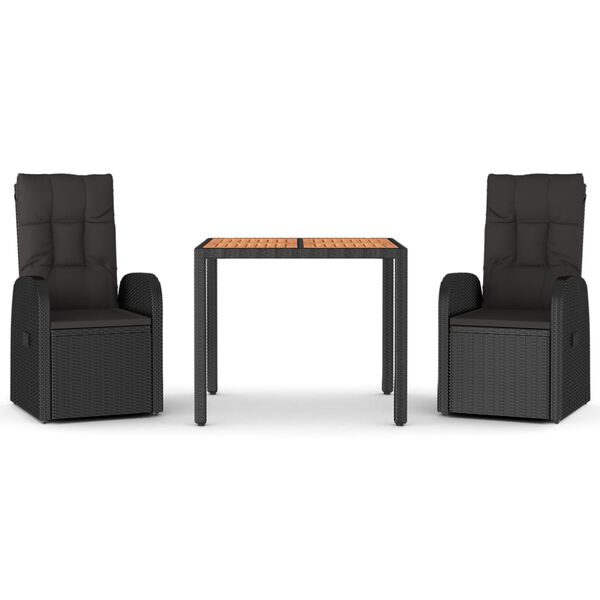 vidaXL 3-delige Tuinset met kussens poly rattan zwart