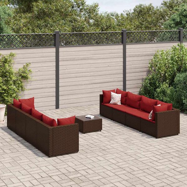 vidaXL 9-delige Loungeset met kussens poly rattan bruin
