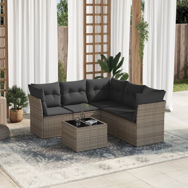 vidaXL 6-delige Loungeset met kussens poly rattan grijs