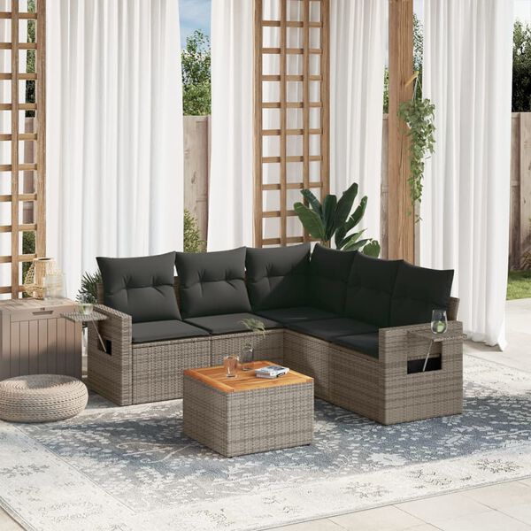 vidaXL 6-delige Loungeset met kussens poly rattan grijs