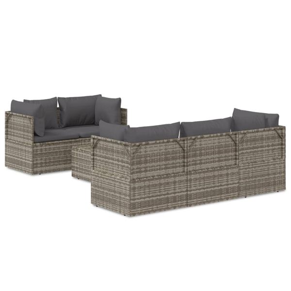 vidaXL 6-delige Loungeset met kussens poly rattan grijs