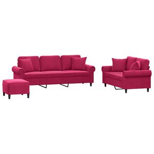 vidaXL 3-delige Loungeset met kussens fluweel wijnrood
