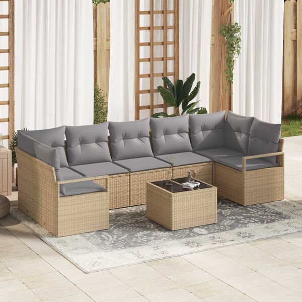 vidaXL Tuin Sofa Set 8 pcs Beige en Grijs Poly rattan, staal en glas