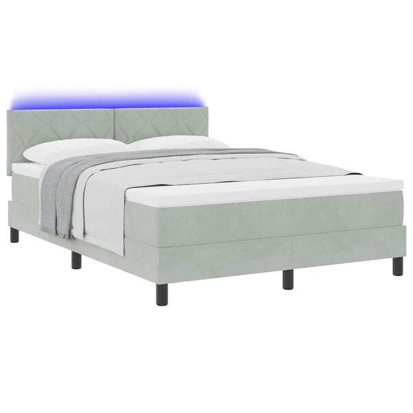 vidaXL LED Box Spring Bed met matras Lichtgrijs 140 x 190 cm Fluweel