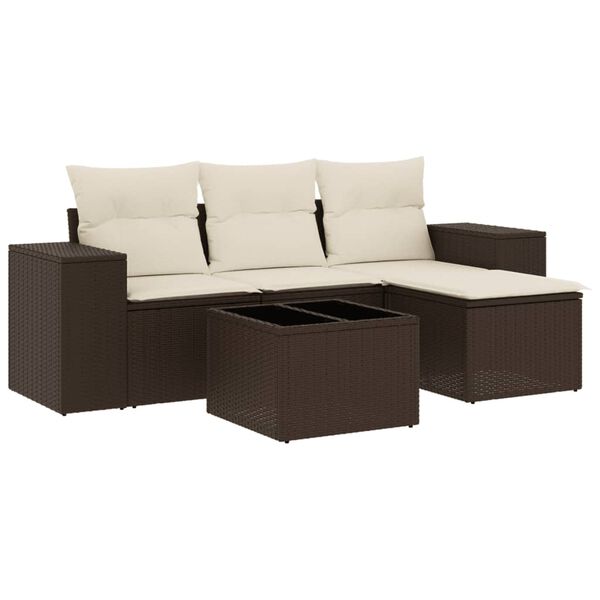 vidaXL 5-delige Loungeset met kussens poly rattan bruin