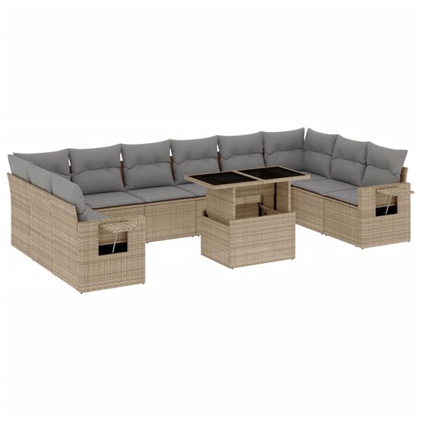 vidaXL 11-delige Tuinset met kussens poly rattan beige