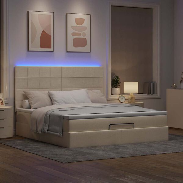 vidaXL Ottoman bed met matras en LED's 180x200cm stof cr&egrave;mekleurig