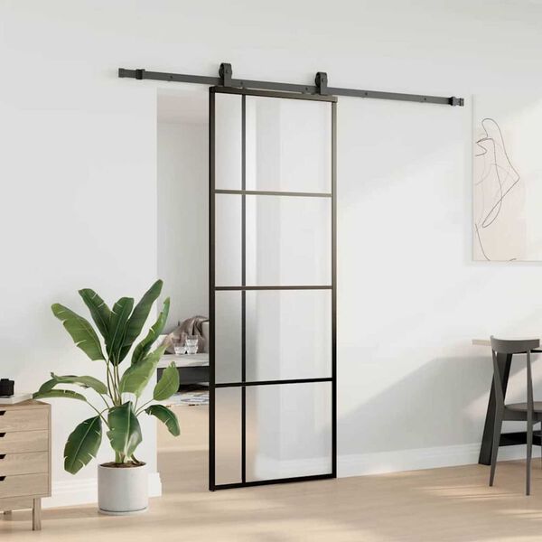 vidaXL Schuifdeur met beslagset 76x205 cm ESG glas zwart