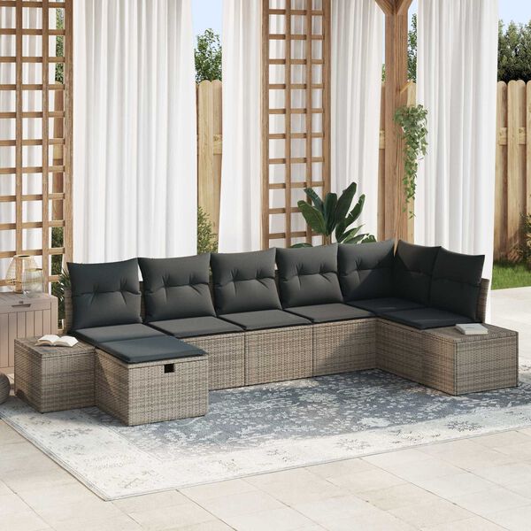vidaXL Bankstel met kussen 7 pcs poly rattan