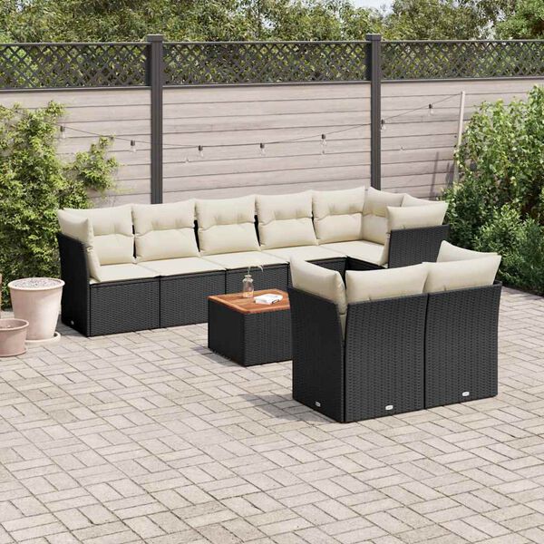 vidaXL 9-delige Loungeset met kussens poly rattan zwart