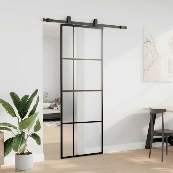 vidaXL Schuifdeur met beslagset 76x205 cm ESG glas zwart