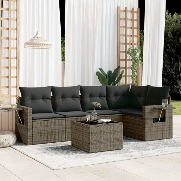 vidaXL 6-delige Loungeset met kussens poly rattan grijs