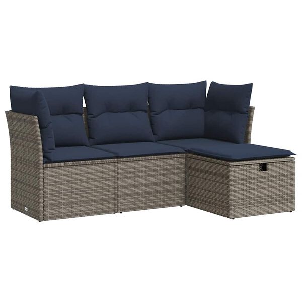 vidaXL 4-delige Loungeset met kussens poly rattan grijs
