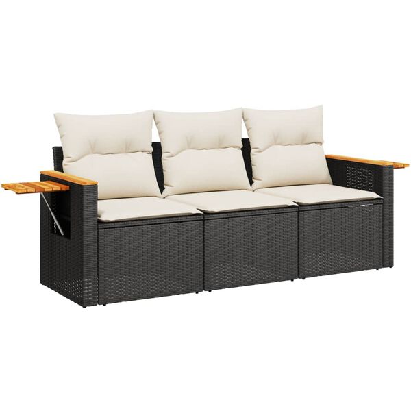 vidaXL 3-delige Loungeset met kussens poly rattan zwart