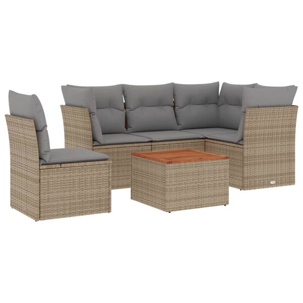 vidaXL 6-delige Loungeset met kussens poly rattan beige