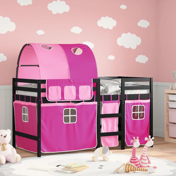 vidaXL Kinderhoogslaper met tunnel 90x190 cm massief grenenhout roze