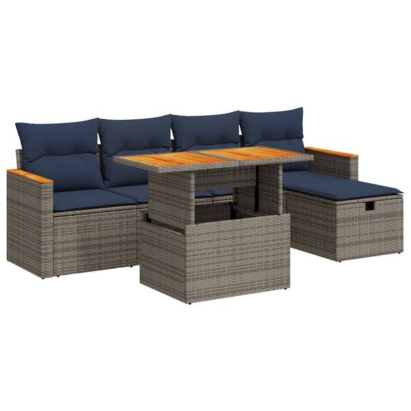 vidaXL 6-delige Loungeset met kussens poly rattan acacia grijs
