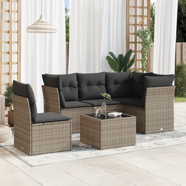 vidaXL 6-delige Loungeset met kussens poly rattan grijs