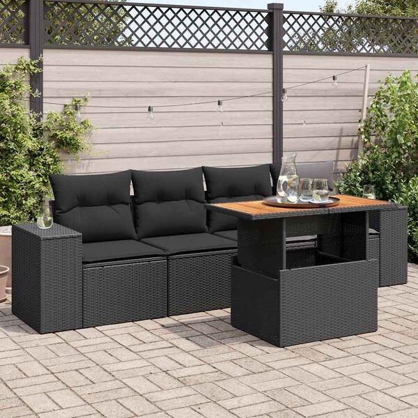 vidaXL 5-delige Loungeset met kussens poly rattan zwart