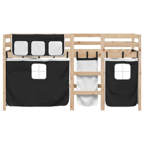 vidaXL Kinderhoogslaper met gordijnen 90x190 cm grenenhout wit zwart