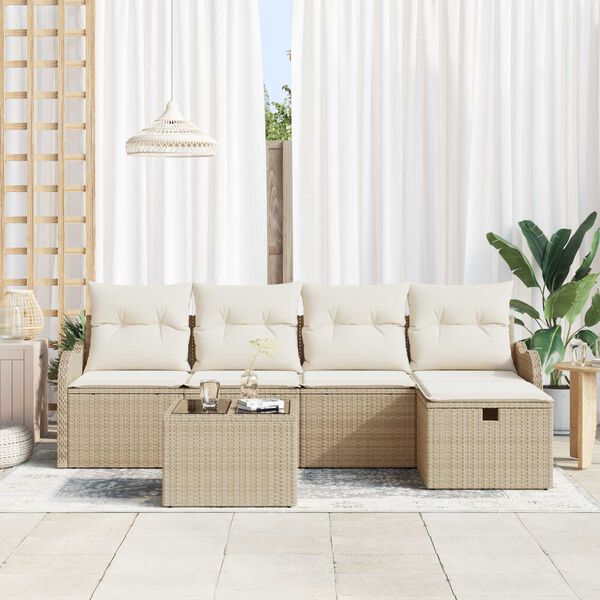 vidaXL Tuin Sofa Set met kussen met opslag 6 pcs Beige Poly riet