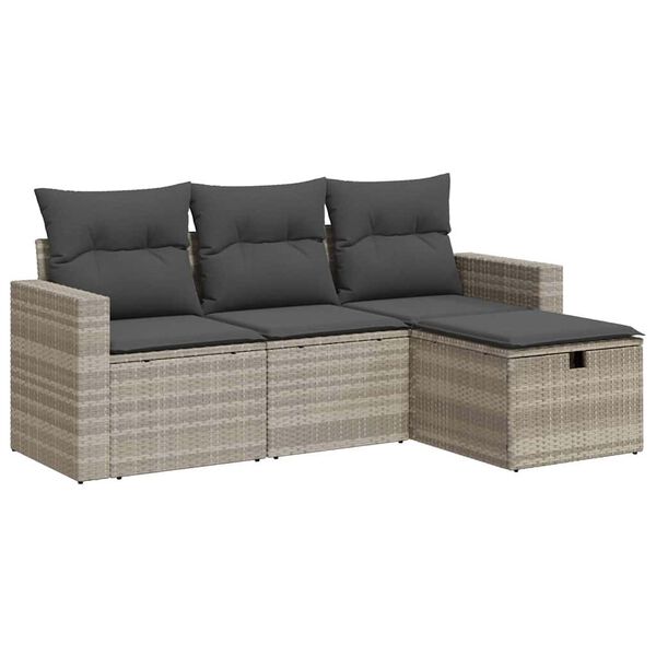 vidaXL 4-delige Loungeset met kussens poly rattan lichtgrijs