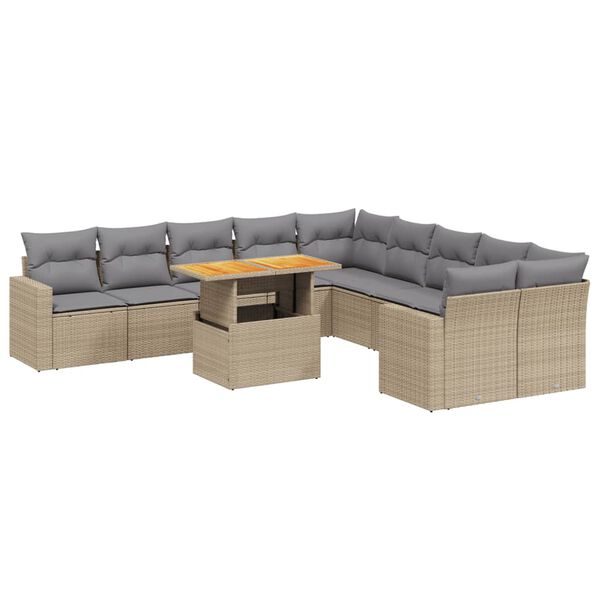vidaXL 11-delige Tuinset met kussens poly rattan beige