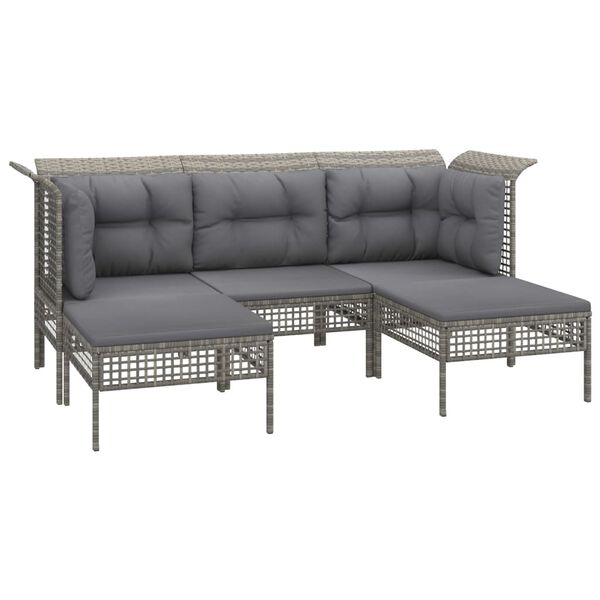 vidaXL 5-delige Loungeset met kussens poly rattan grijs