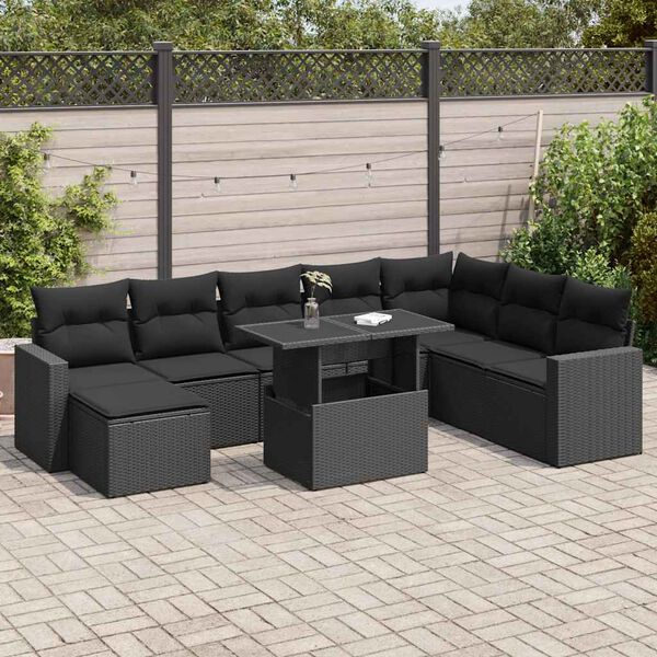 vidaXL 9-delige Loungeset met kussens poly rattan zwart