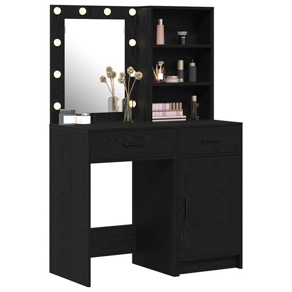 vidaXL Make-up tafel set met LED 2 pcs Zwart Eiken Bewerkt hout