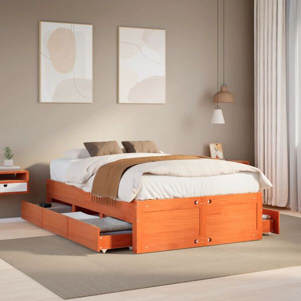 vidaXL Bedframe zonder matras met lades grenenhout wasbruin 135x190 cm