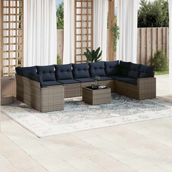 vidaXL 11-delige Loungeset met kussens poly rattan grijs