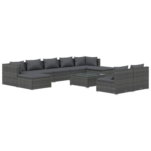 vidaXL 10-delige Loungeset met kussens poly rattan grijs