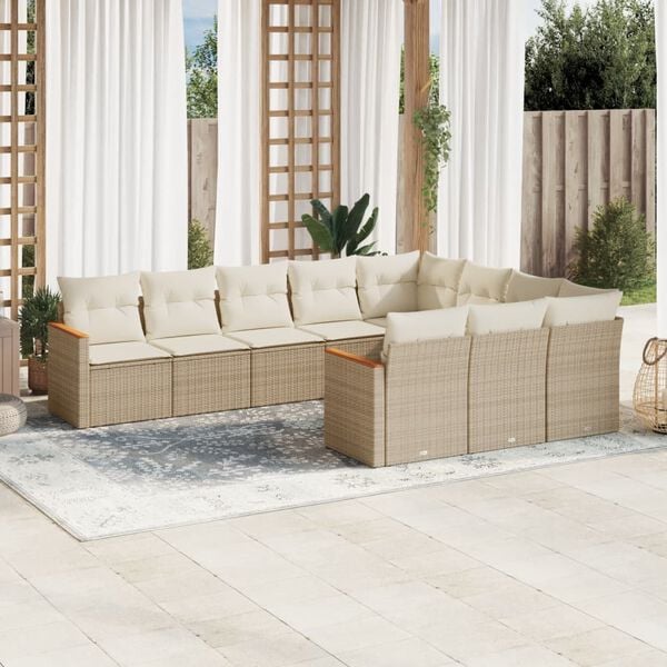 vidaXL 10-delige Loungeset met kussens poly rattan beige