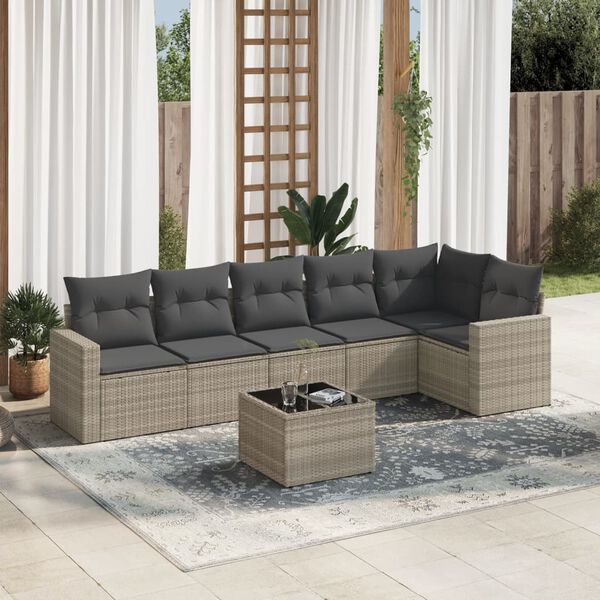 vidaXL 7-delige Loungeset met kussens poly rattan lichtgrijs